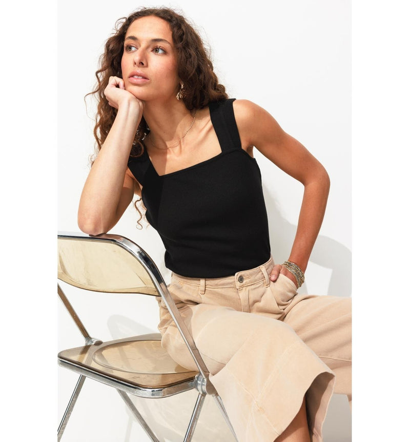 Débardeur Côtelé Uni Femme - Noir Uni Fonce