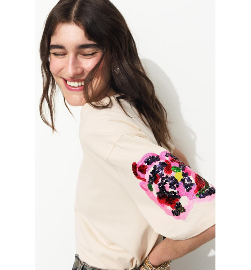 T-shirt Brodé de Sequins Femme - Naturel Imprime
