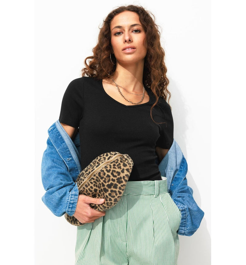 T-shirt Côtelé Col Cœur Femme - Noir Uni Fonce
