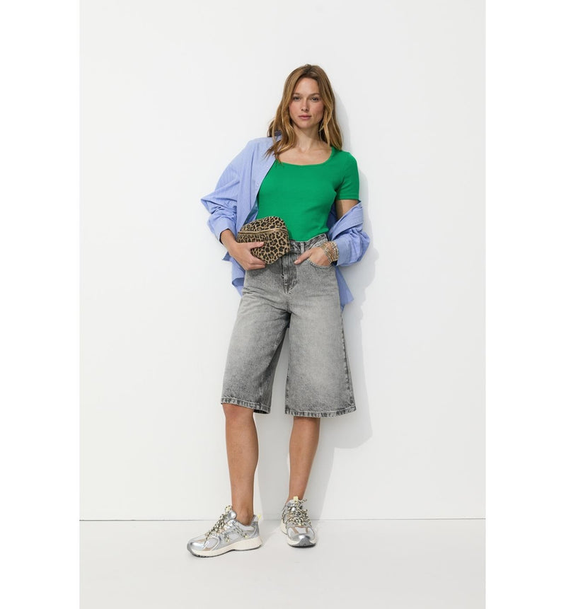 T-shirt Côtelé Col Cœur Femme - Vert Uni Colore