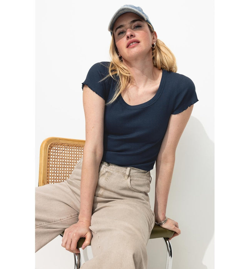 T-shirt Côtelé Femme - Bleu Uni Fonce