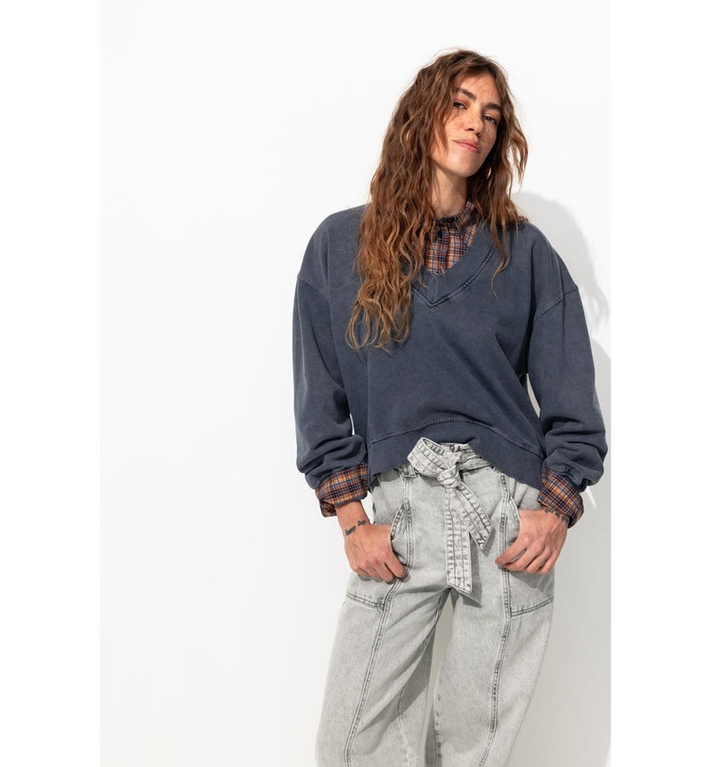 Sweat-shirt Uni Col V - Bleu Uni Colore