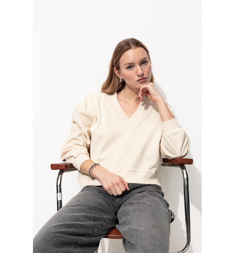 Sweat-shirt Uni Col V - Naturel Uni Clair