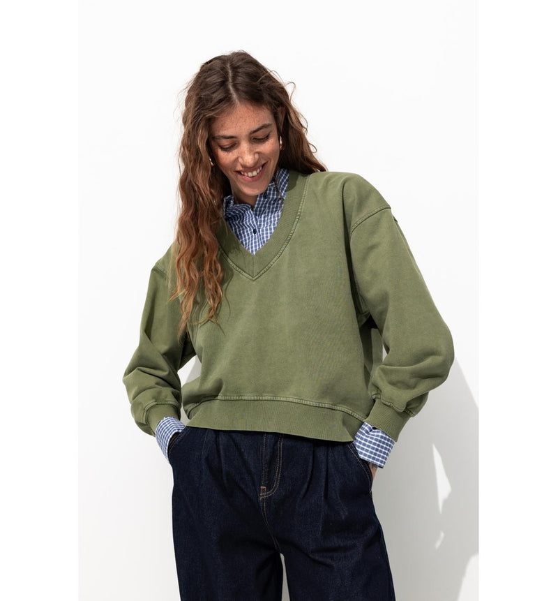 Sweat-shirt Uni Col V - Kaki Uni Fonce