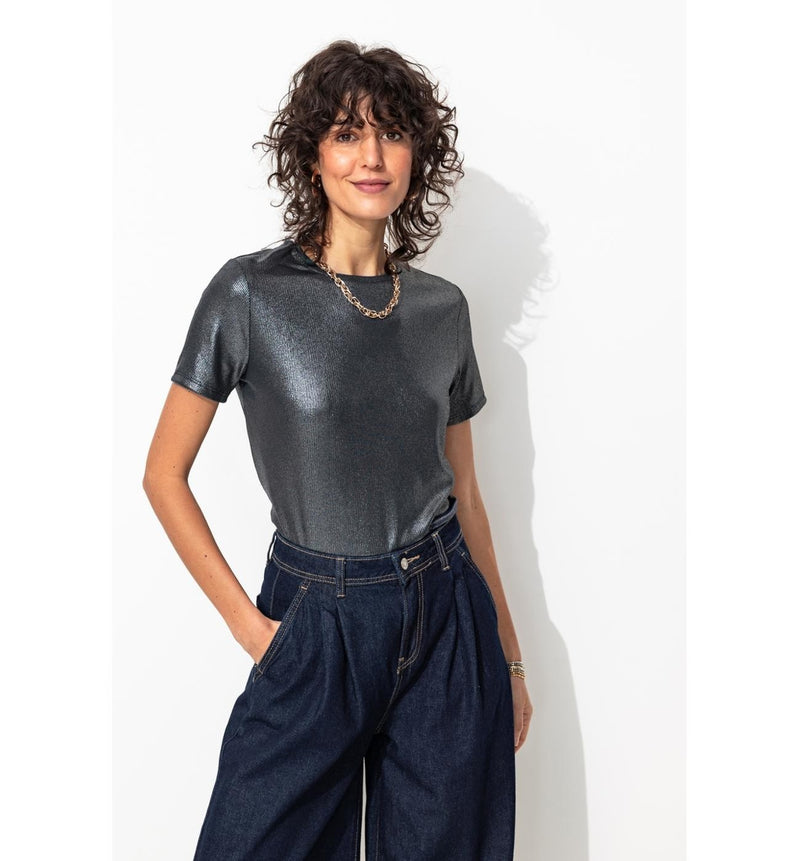 T-shirt Côtelé Irisé Femme - Bleu Uni Fonce
