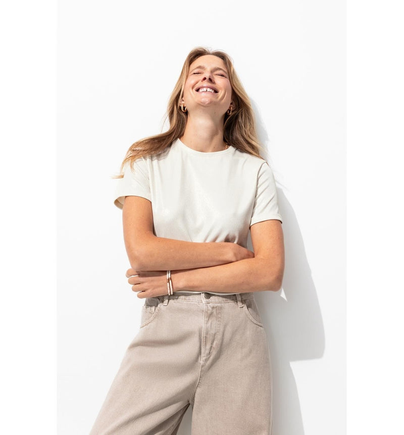 T-shirt Côtelé Irisé Femme - Naturel Uni Clair