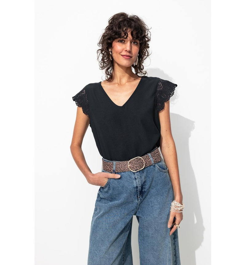 Top Détail Dentelle Femme - Bleu Uni Fonce