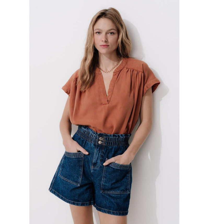 Blouse Manches Courtes Lyocell - Marron Uni Fonce
