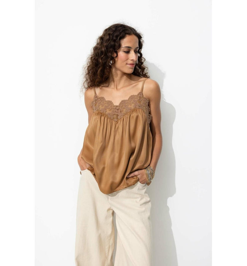 Top en Satin et Dentelle Femme - Grège Uni Fonce