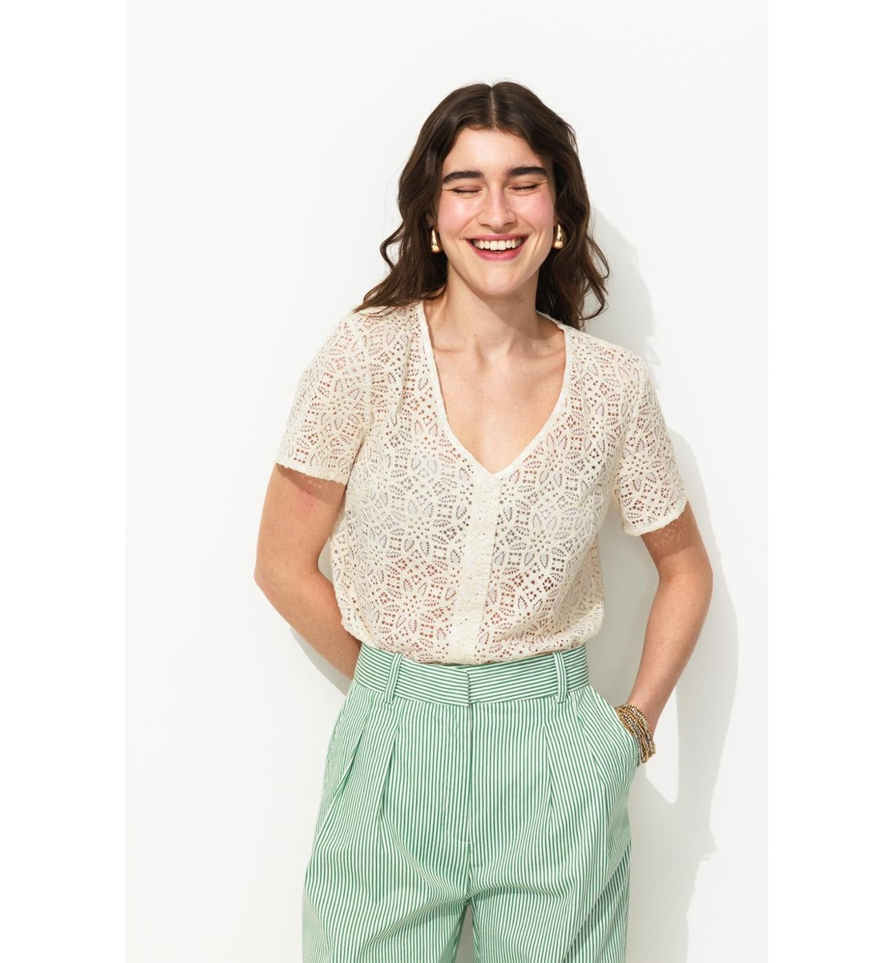 Chemise Effet Dentelle Femme - Naturel Uni Clair