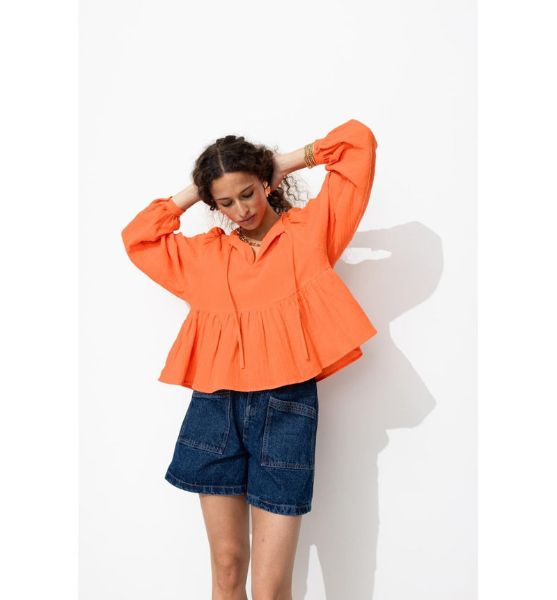 Blouse en Gaze de Coton Femme - Orange Uni Colore