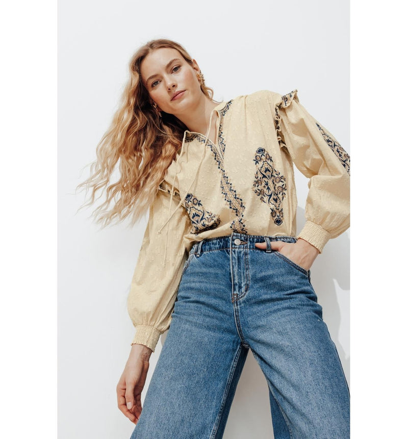 Blouse Brodée Femme - Naturel Uni Clair