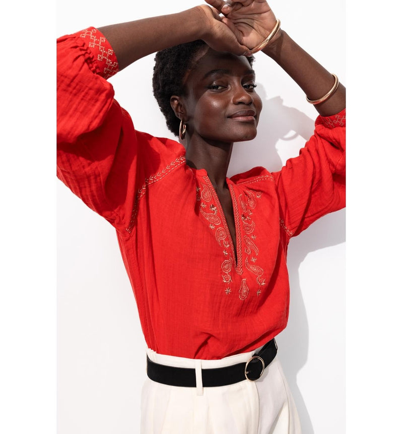 Chemise en Gaze de Coton Brodé - Rouge Uni Colore