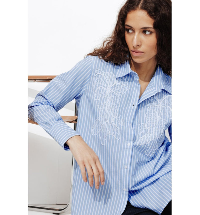Longue Chemise Brodée Femme - Bleu Raye