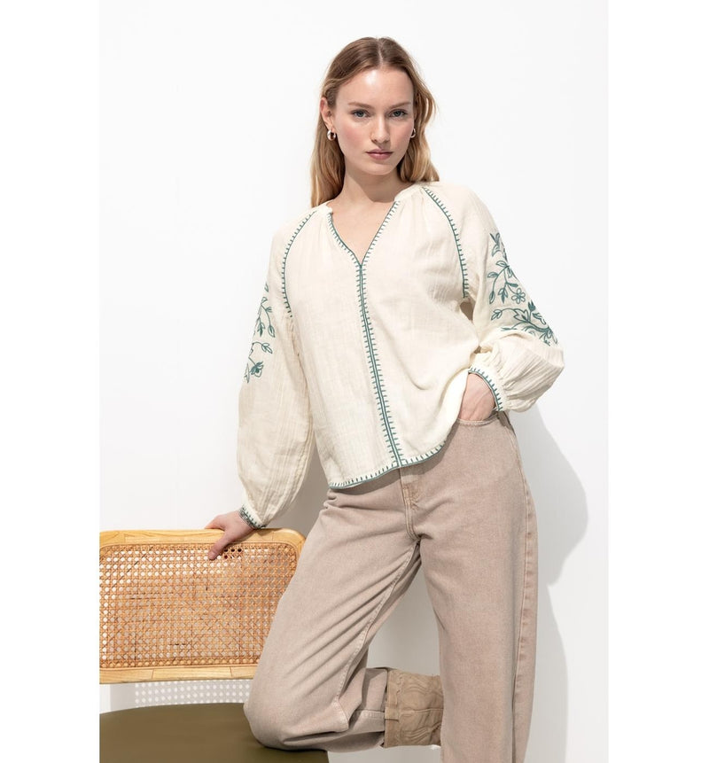 Blouse Brodée Femme - Naturel Uni Clair