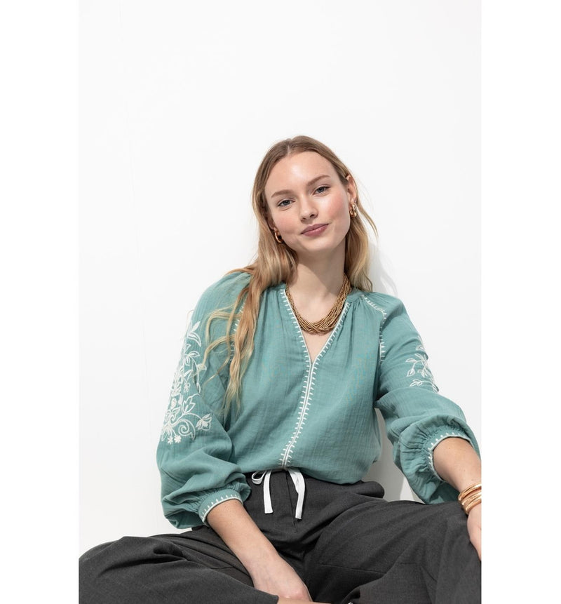 Blouse Brodée Femme - Gris Uni Fonce