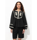 Blouse Folk Brodée Femme - Noir Uni Fonce
