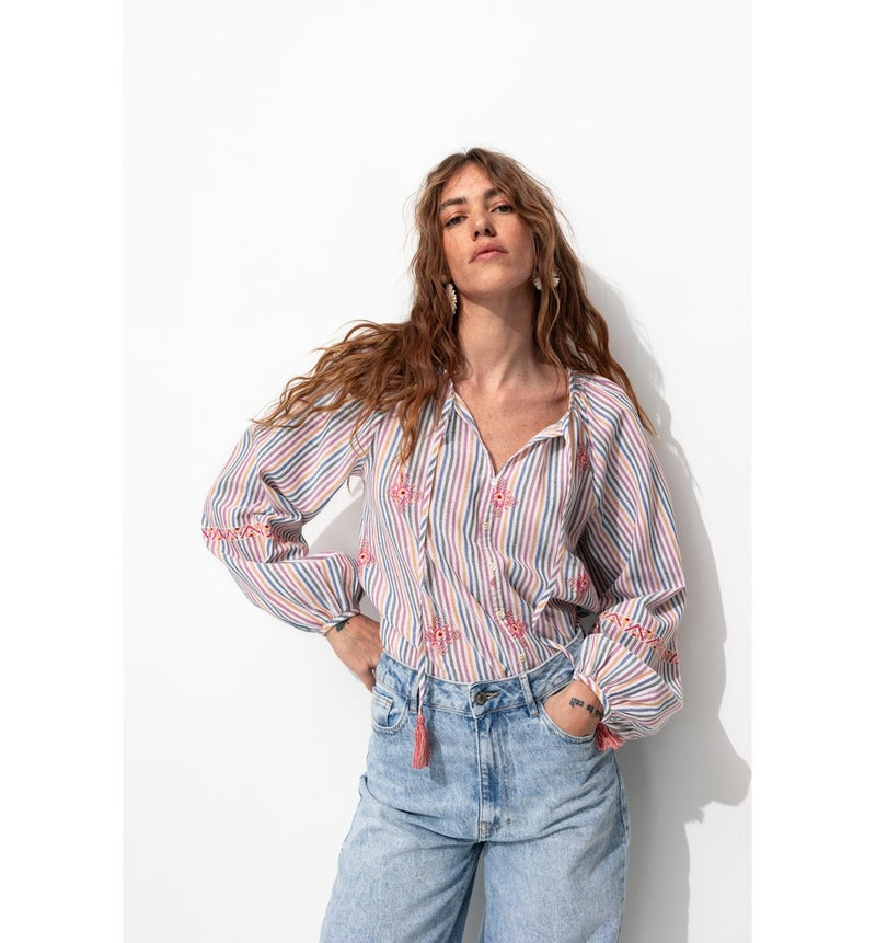 Blouse Rayée Brodée Femme - Multicolore Raye