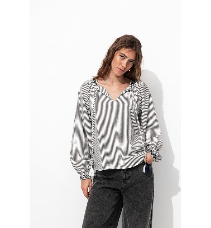 Blouse Rayée en Coton Femme - Noir Raye