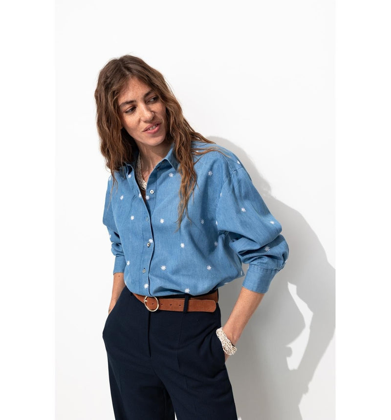 Chemise Brodée Oversize Femme - Jeans Uni Fonce