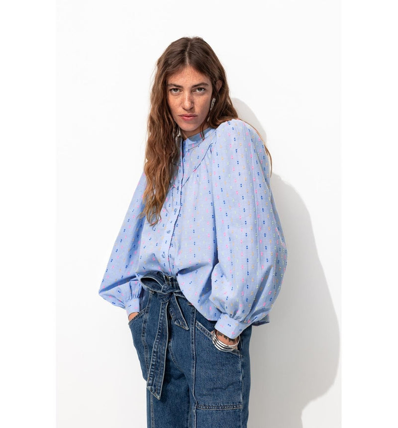 Chemise Brodée Manches Ballon - Bleu Uni Colore