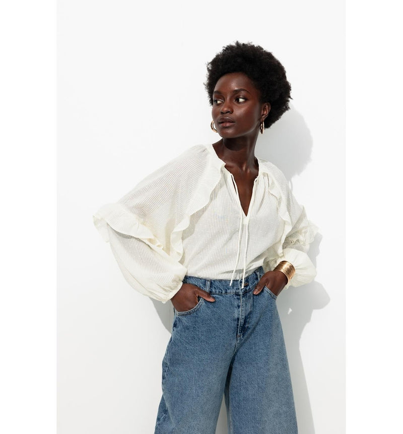 Blouse en Coton Plumetis Femme - Naturel Uni Clair
