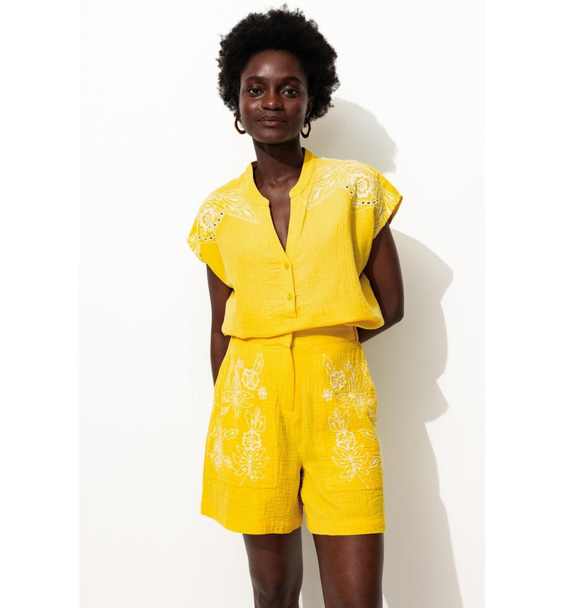 Blouse en Gaze de Coton - Jaune Uni Colore