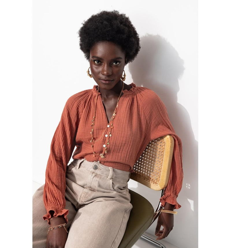 Chemise en Gaze de Coton Femme - Marron Uni Clair