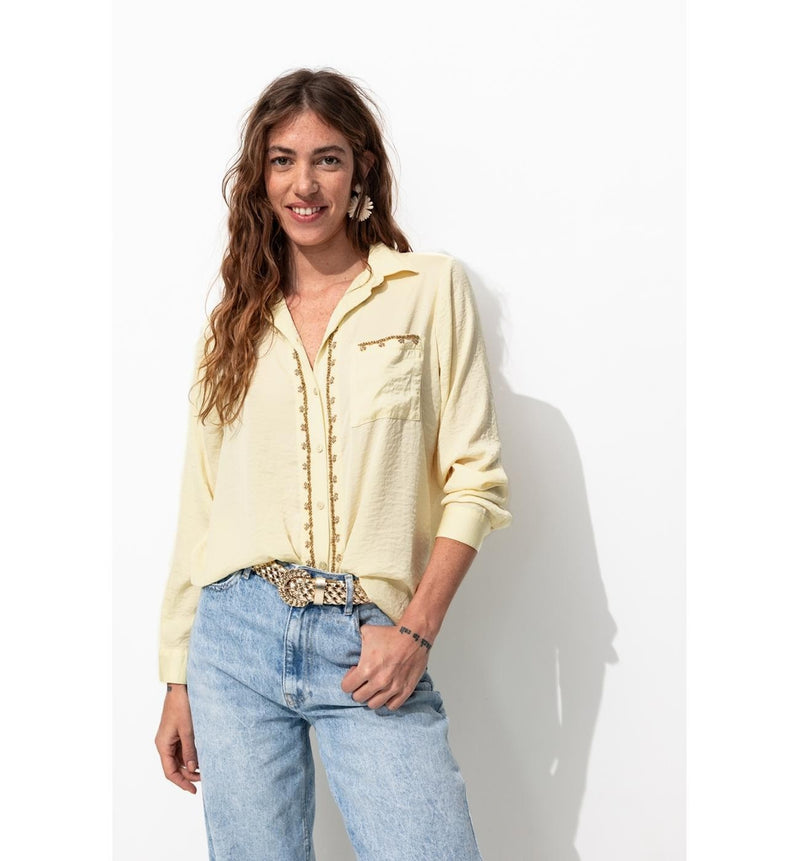 Chemise Perlée en Satin Femme - Jaune Uni Colore