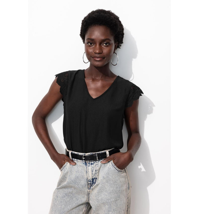 Top Détail Dentelle Femme - Noir Uni Fonce