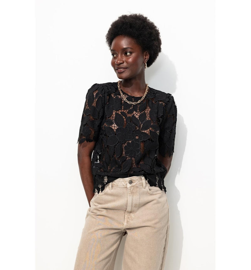 Blouse en Guipure Femme - Noir Uni Fonce