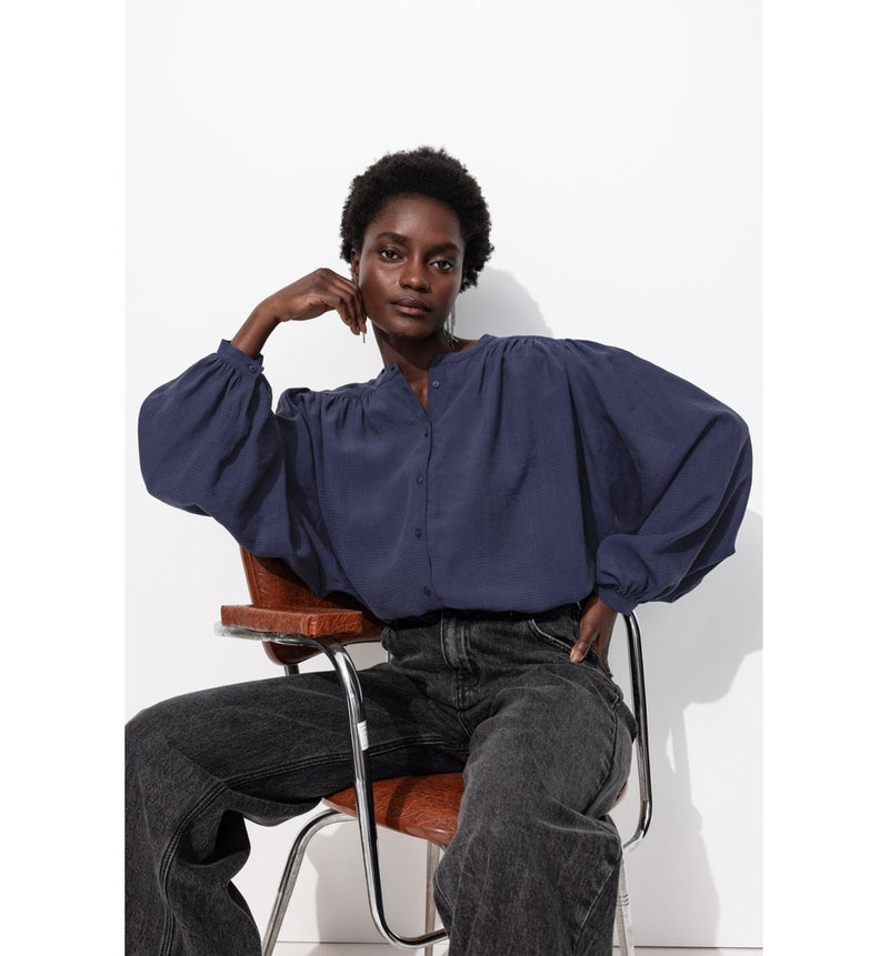Blouse Soyeuse Oversize Femme - Bleu Uni Fonce