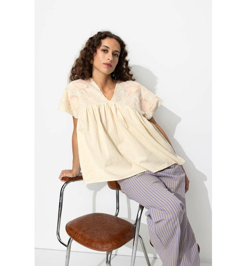 Blouse Brodée Femme - Naturel Uni Clair