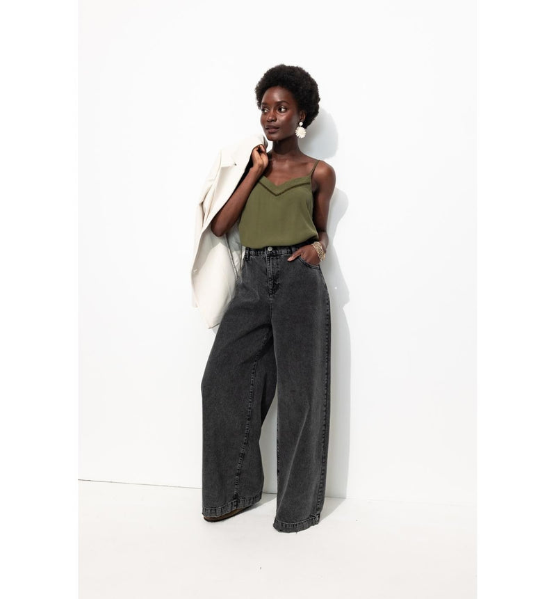 Top à Fines Bretelles Femme - Kaki Uni Fonce