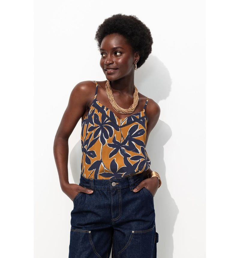 Top à Fines Bretelles Femme - Jaune Imprime