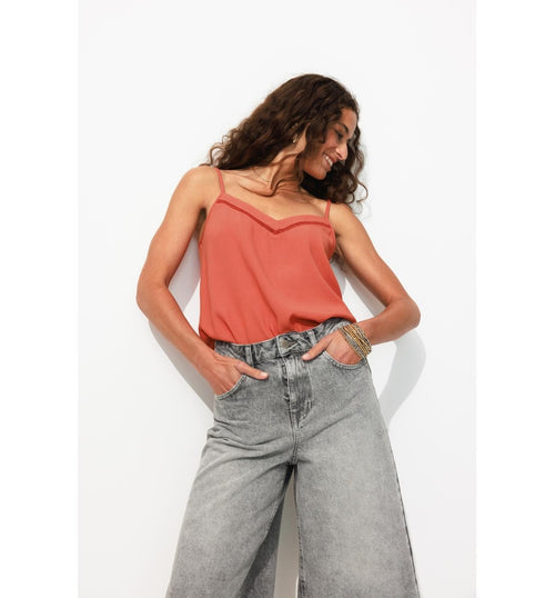 Top à Fines Bretelles Femme - Orange Uni Colore