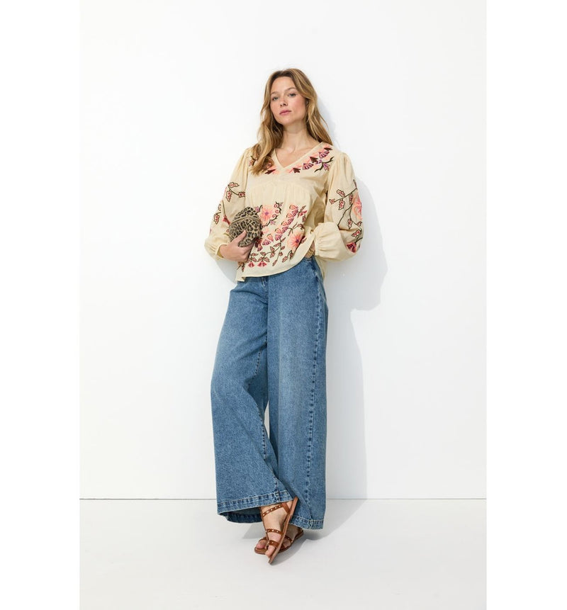 Blouse Brodée Oversize Femme - Naturel Uni Clair