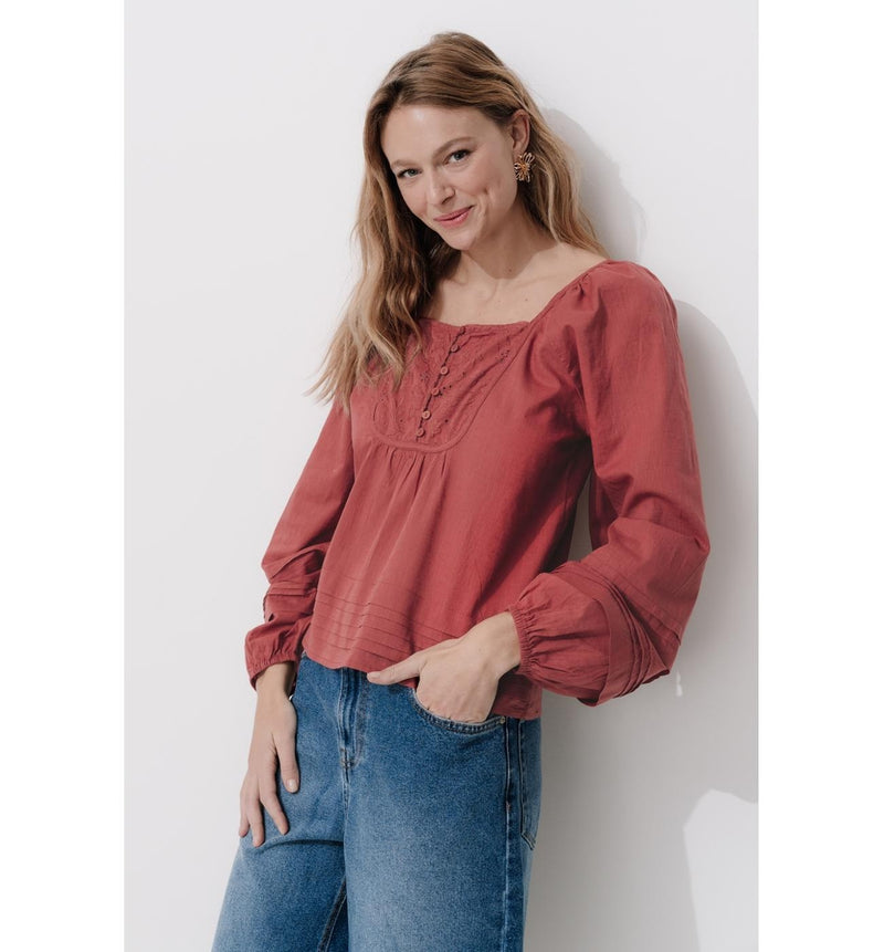 Blouse à Manches Ballon Femme - Rouge Uni Colore