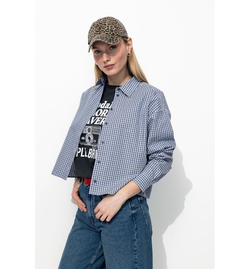 Chemise Cropped Femme - Bleu Carreaux