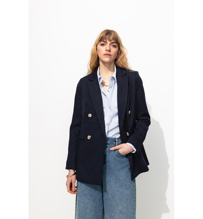 Blazer Croisé Unie Femme - Bleu Uni Fonce