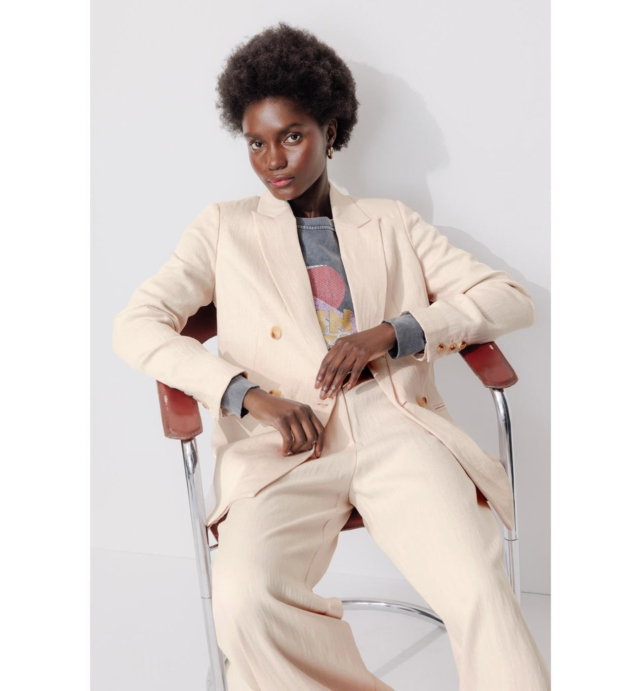 Mujer Blazer cruzado de color liso, Color Natural Claro, Color liso