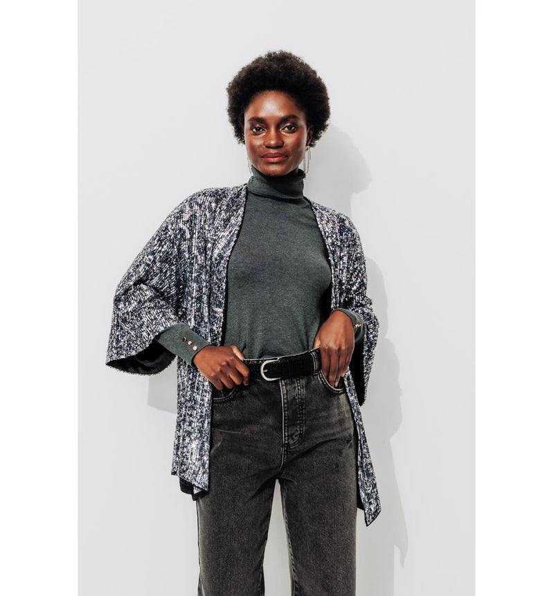 Veste Kimono à Paillettes - Noir Imprime