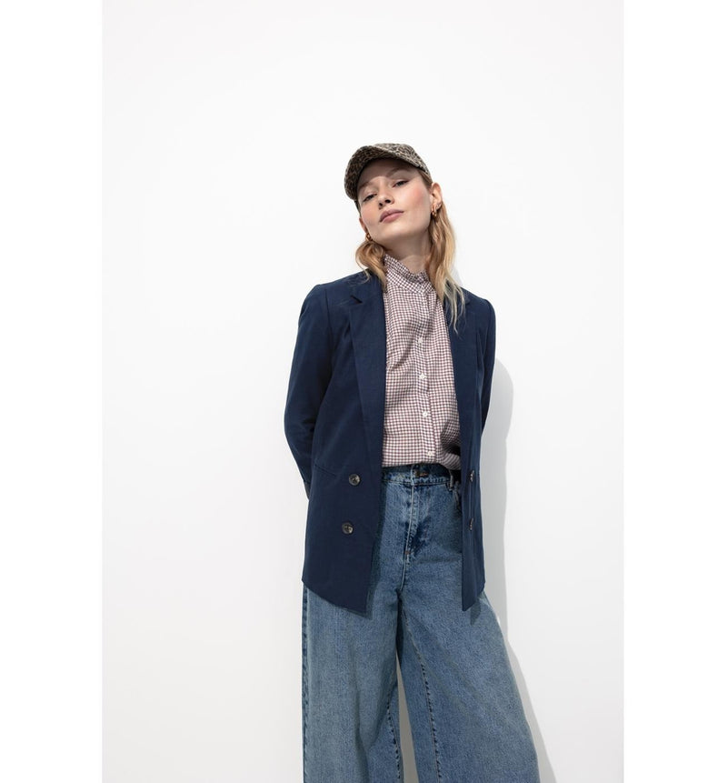 Veste de Tailleur Lin Mélangé - Bleu Uni Fonce