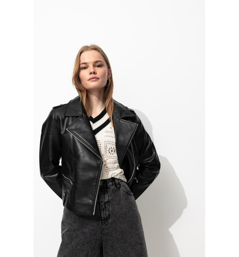 Blouson Rock en Simili Femme - Noir Uni Fonce