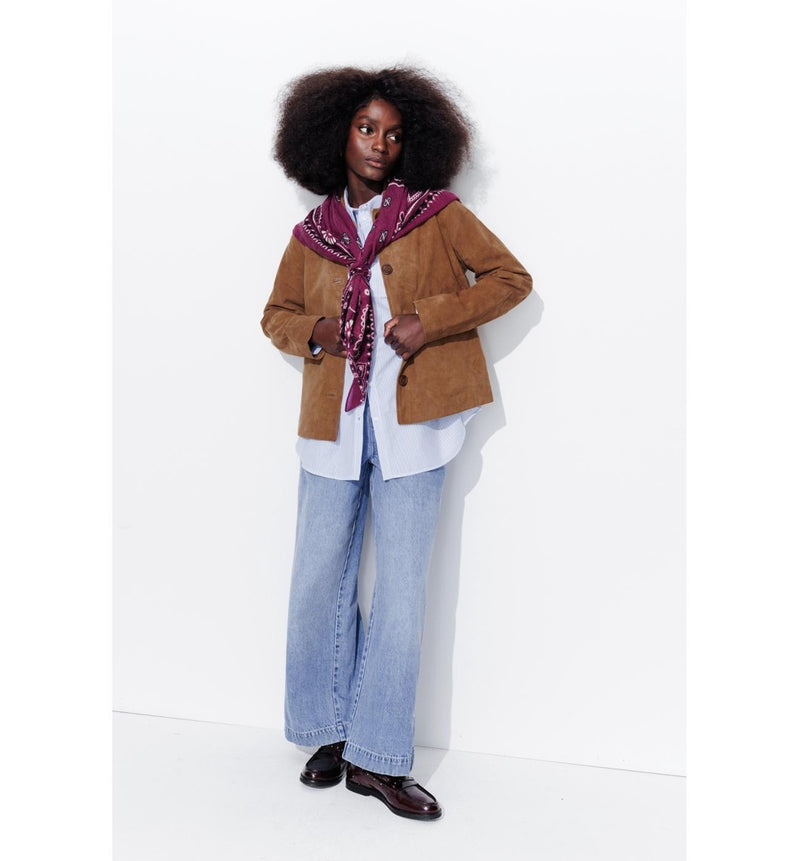 Veste 100% Cuir Daim Femme - Grège Uni Fonce