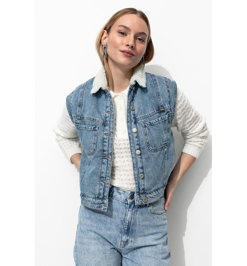 Veste en Jean Doublée Moumoute - Jeans Uni Clair