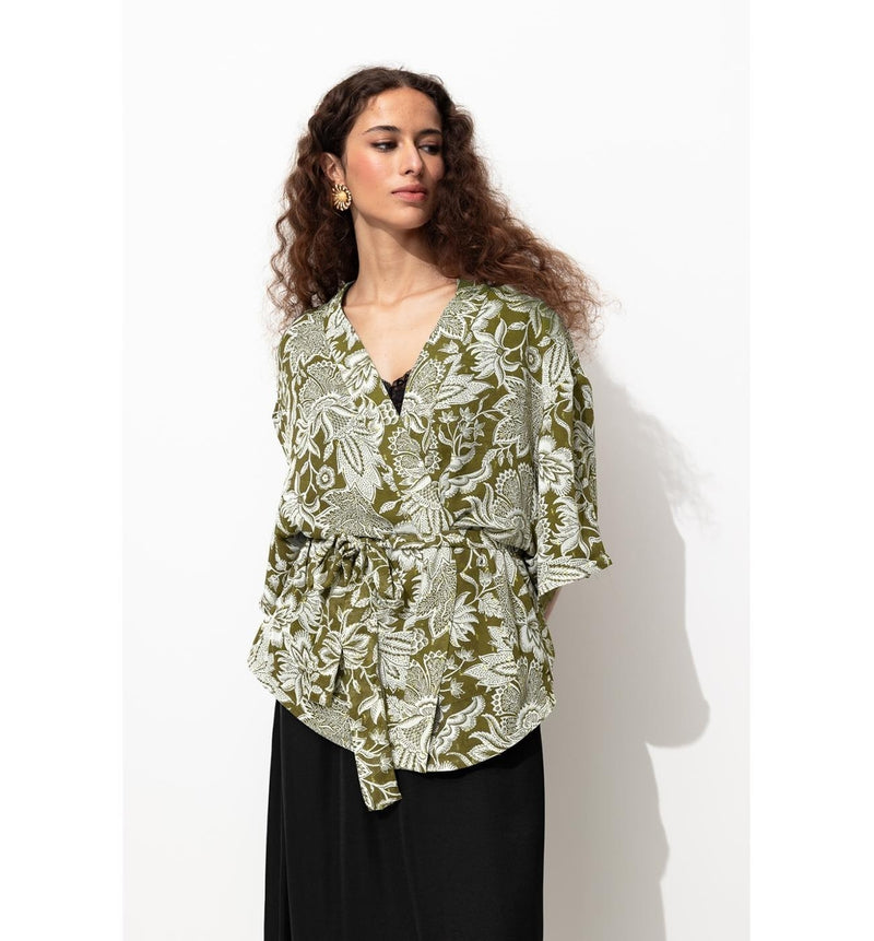 Veste Kimono Imprimée Femme - Kaki Uni Fonce