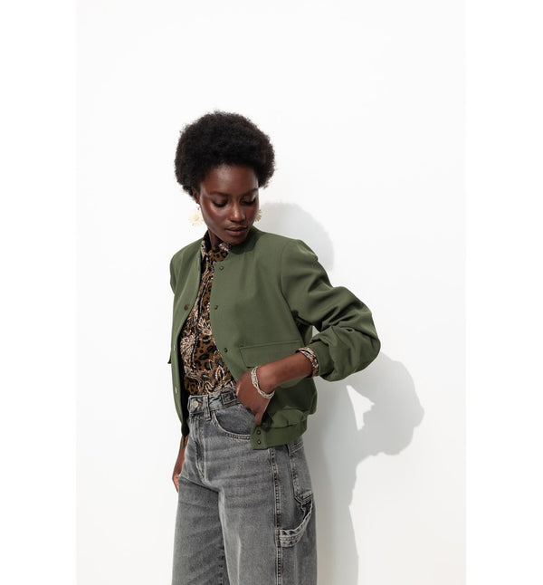 Chaqueta bomber con hombros lisos para mujer - Color caqui oscuro liso