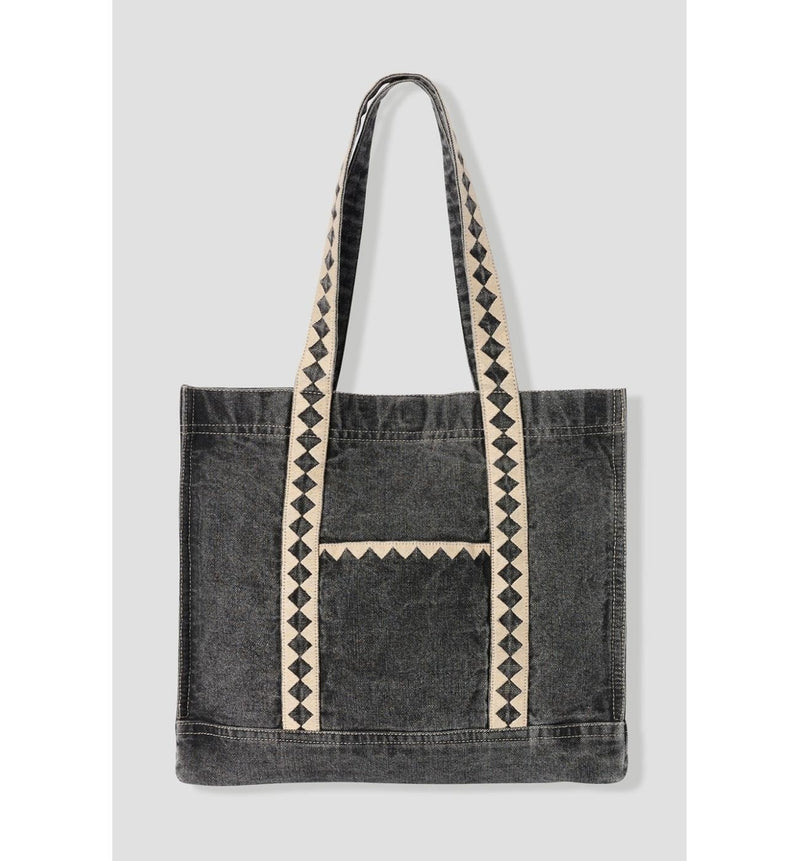 Tote-bag en Jean Brodé - Gris Uni Fonce