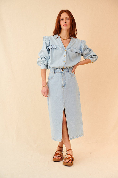 Cotton denim skirt with madder blue slit Paris spring summer clothing Woman 